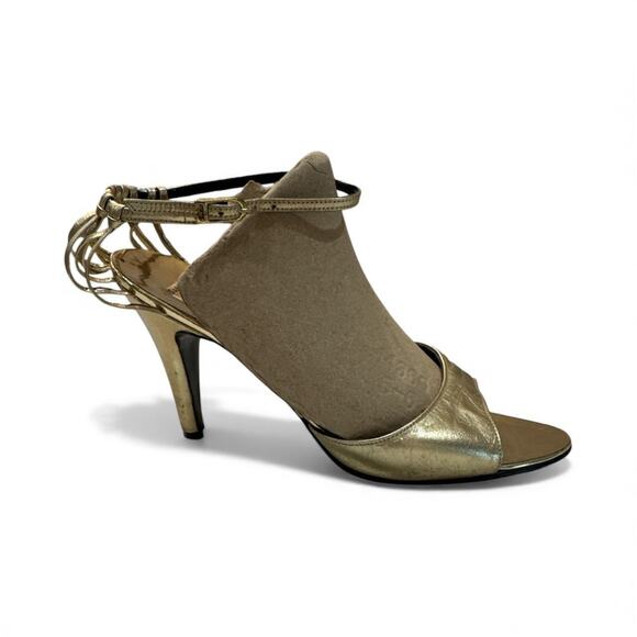 VINTAGE BALLY GOLD FOIL ANKLE WRAP HEELS SZ 6.5 ENGLAND - Picture 1 of 7